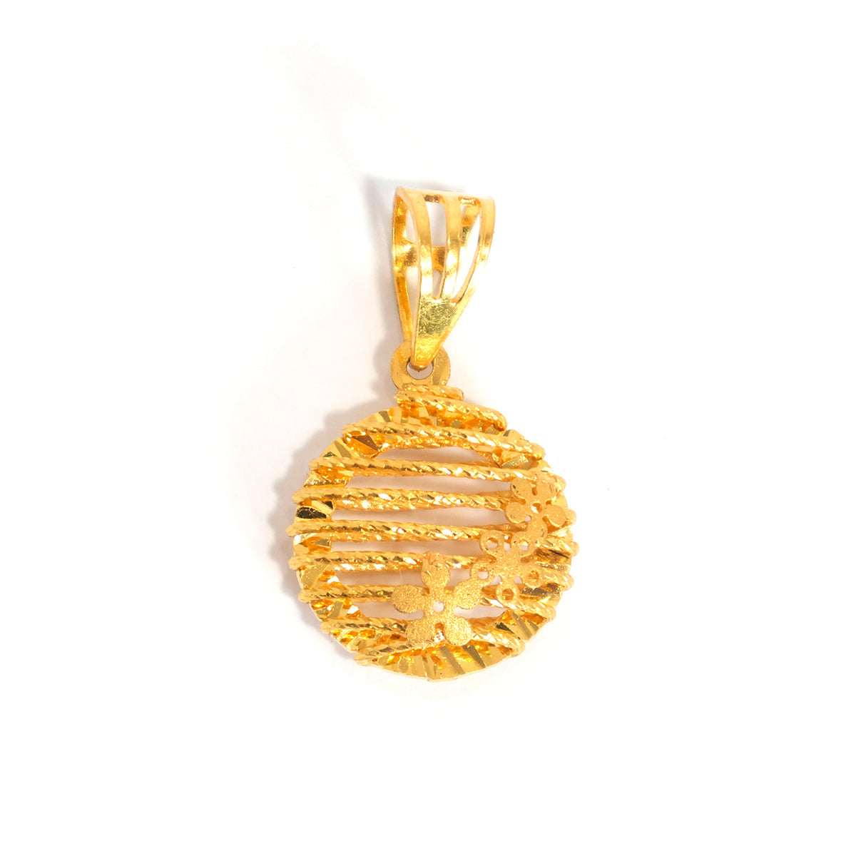 22K Gold Pendant – Circular Pendant Accented Fine Floral Motifs - Main View 