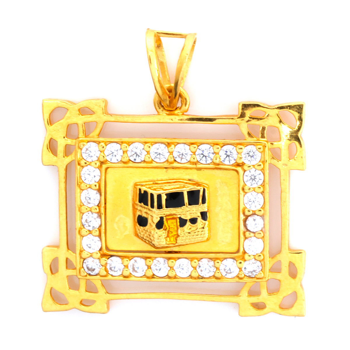 Gold pendant with a decorative frame and central emblem on a white background