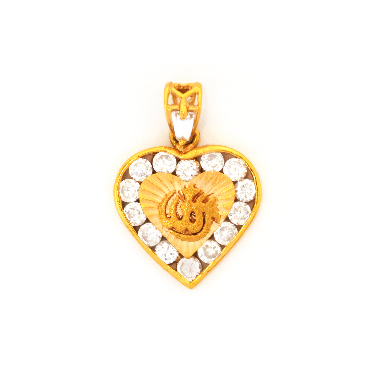 Gold heart-shaped pendant with embedded stones on a white background