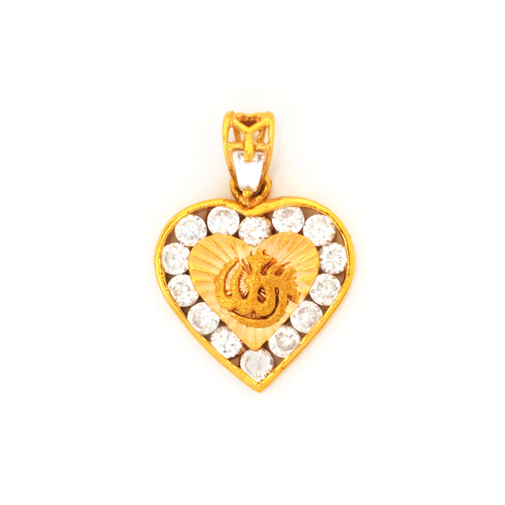 Gold heart-shaped pendant with embedded stones on a white background