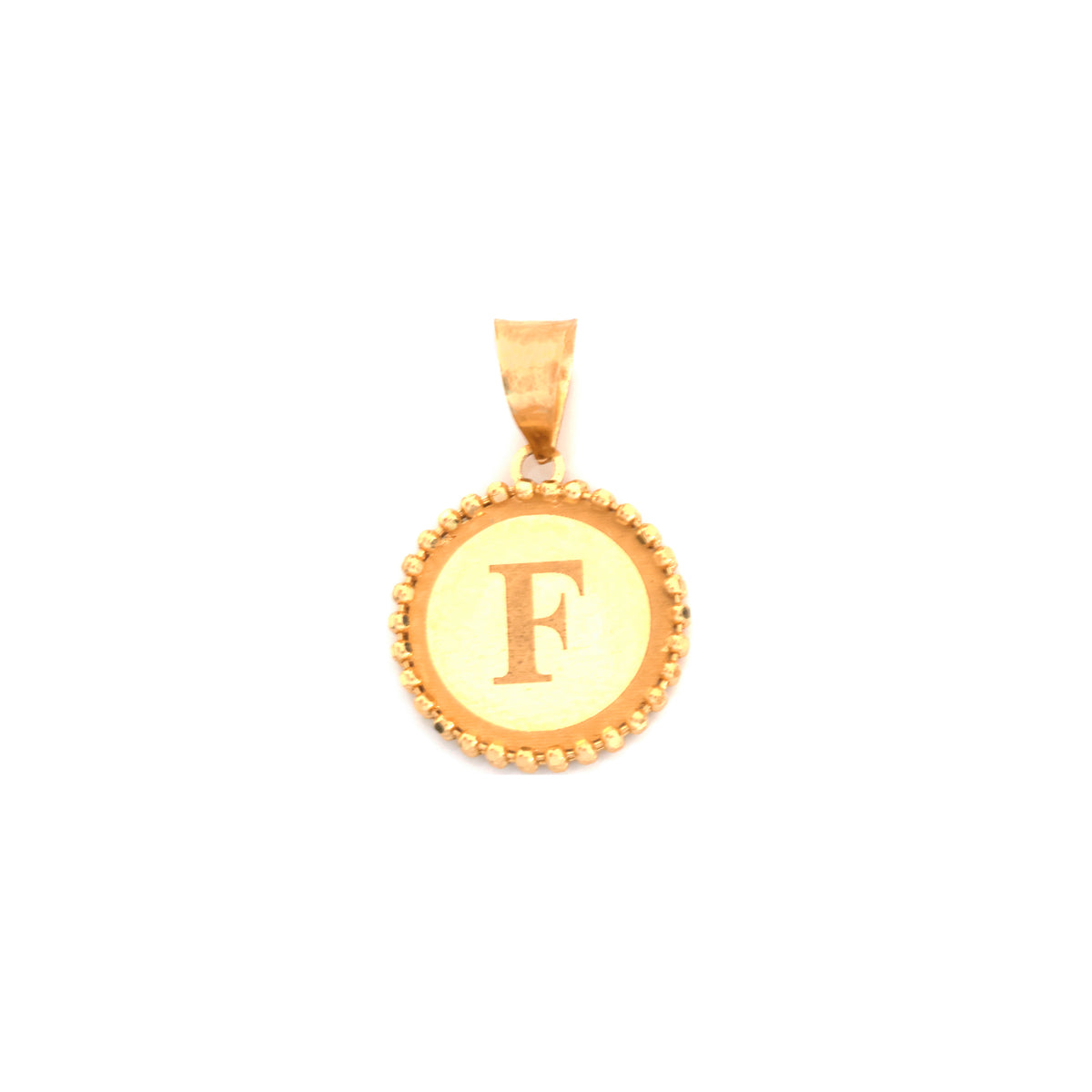 A gold circular pendant charm featuring a raised letter 'F' in the center, surrounded by a beaded gold border and a small gold bail at the top, shown on a plain white background.