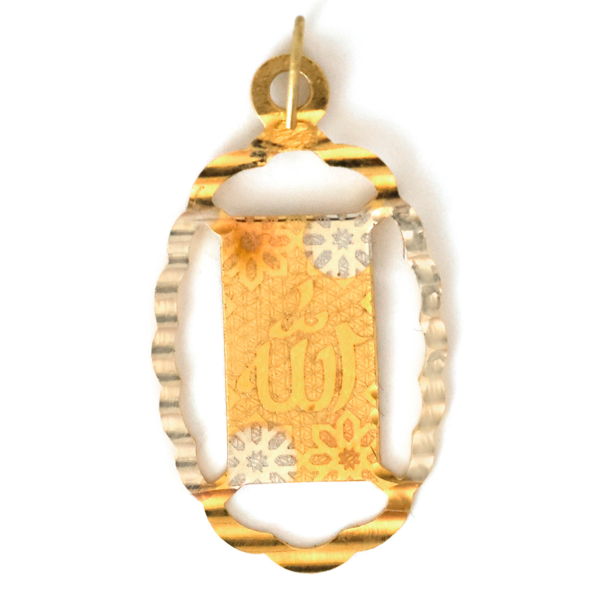 Gold pendant with intricate design on a white background