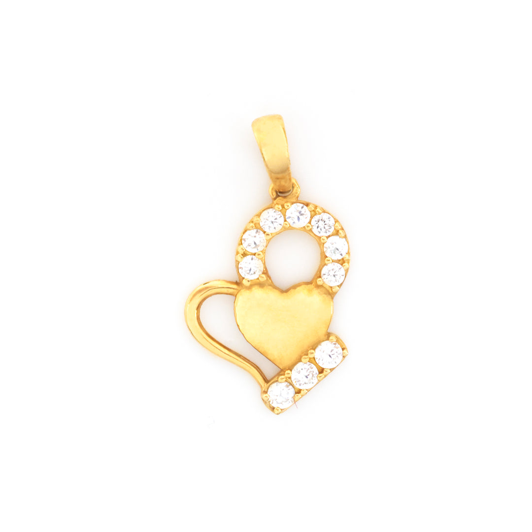 A gold pendant featuring a heart and infinity loop design, embellished with small clear round-cut stones, shown on a plain white background.