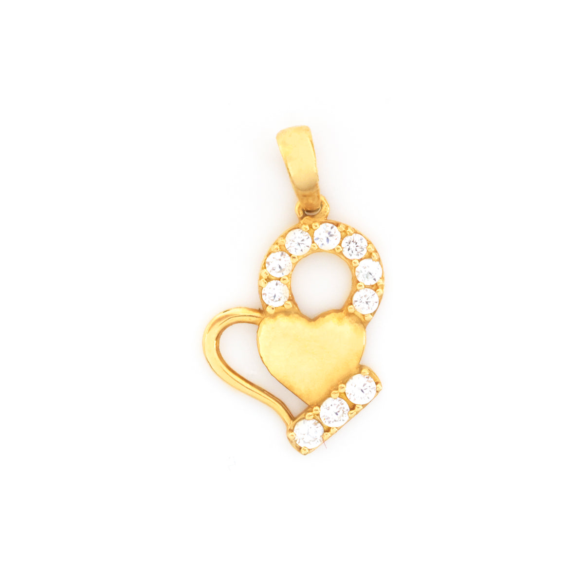 A gold pendant featuring a heart and infinity loop design, embellished with small clear round-cut stones, shown on a plain white background.