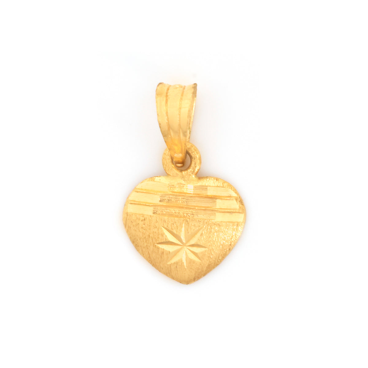 A gold heart-shaped pendant charm with a textured finish, featuring horizontal engraved lines and a starburst design on the front, complete with a matching bail at the top, shown against a plain white background.