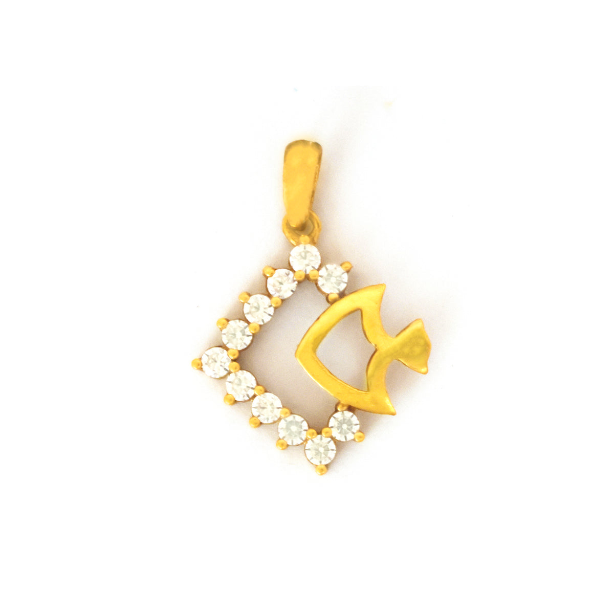 Gold pendant with fish design and clear stones on a white background