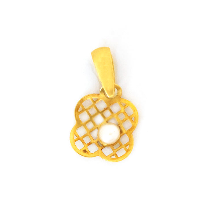 Gold pendant with a white central stone on a white background
