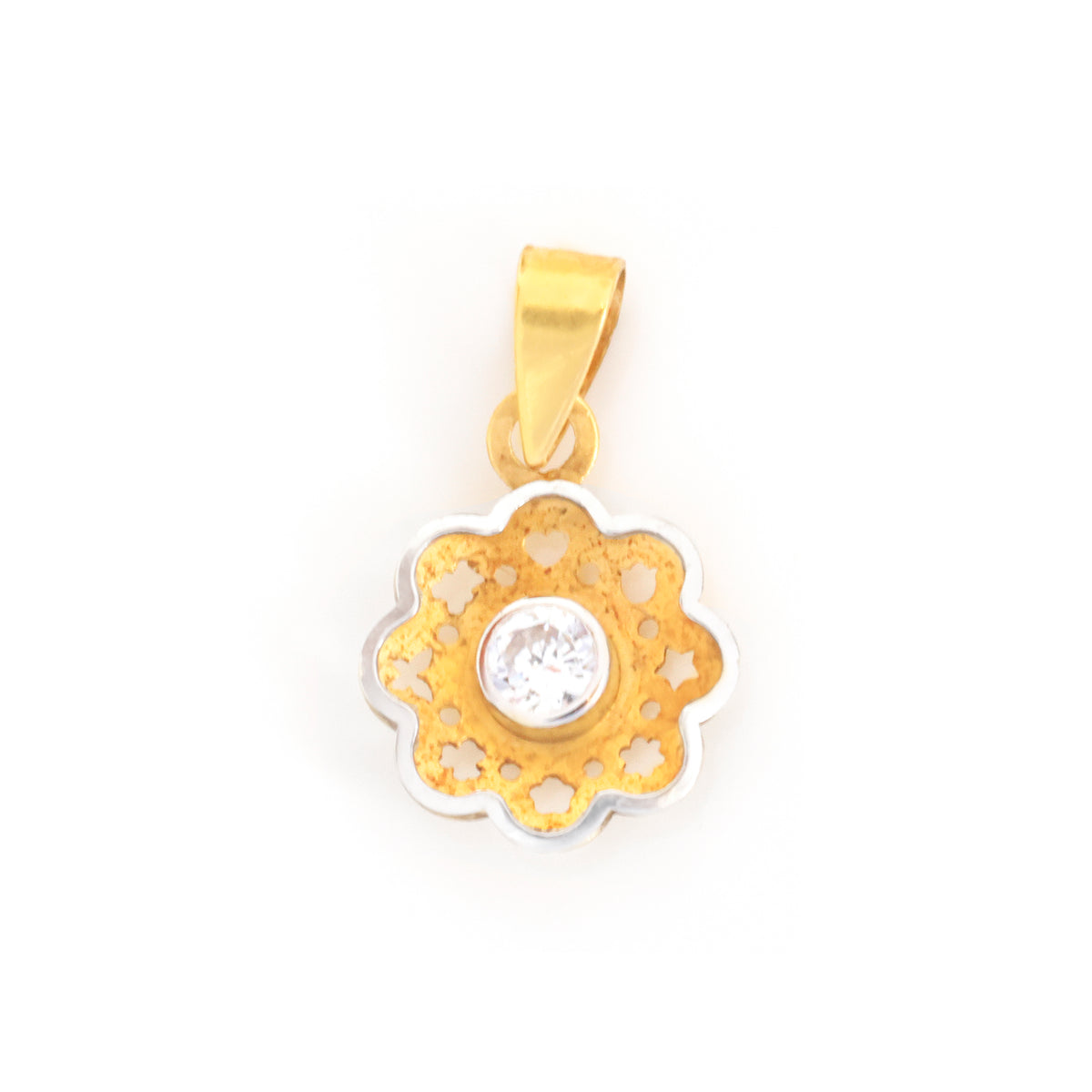 A gold and silver flower-shaped pendant with a single clear round-cut gemstone in the center, shown on a plain white background.