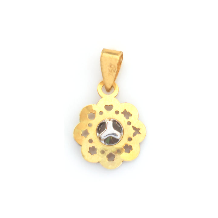 A gold pendant with a flower-like scalloped border, featuring a central silver-toned Mercedes-Benz star logo set in a small oval, on a plain white background.