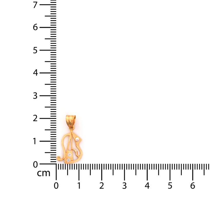 Gold pendant next to a ruler on a white background