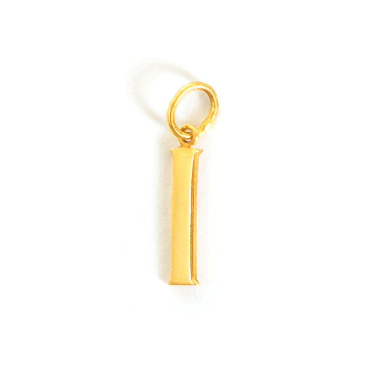 Gold pendant shaped like a letter 'I' on a white background