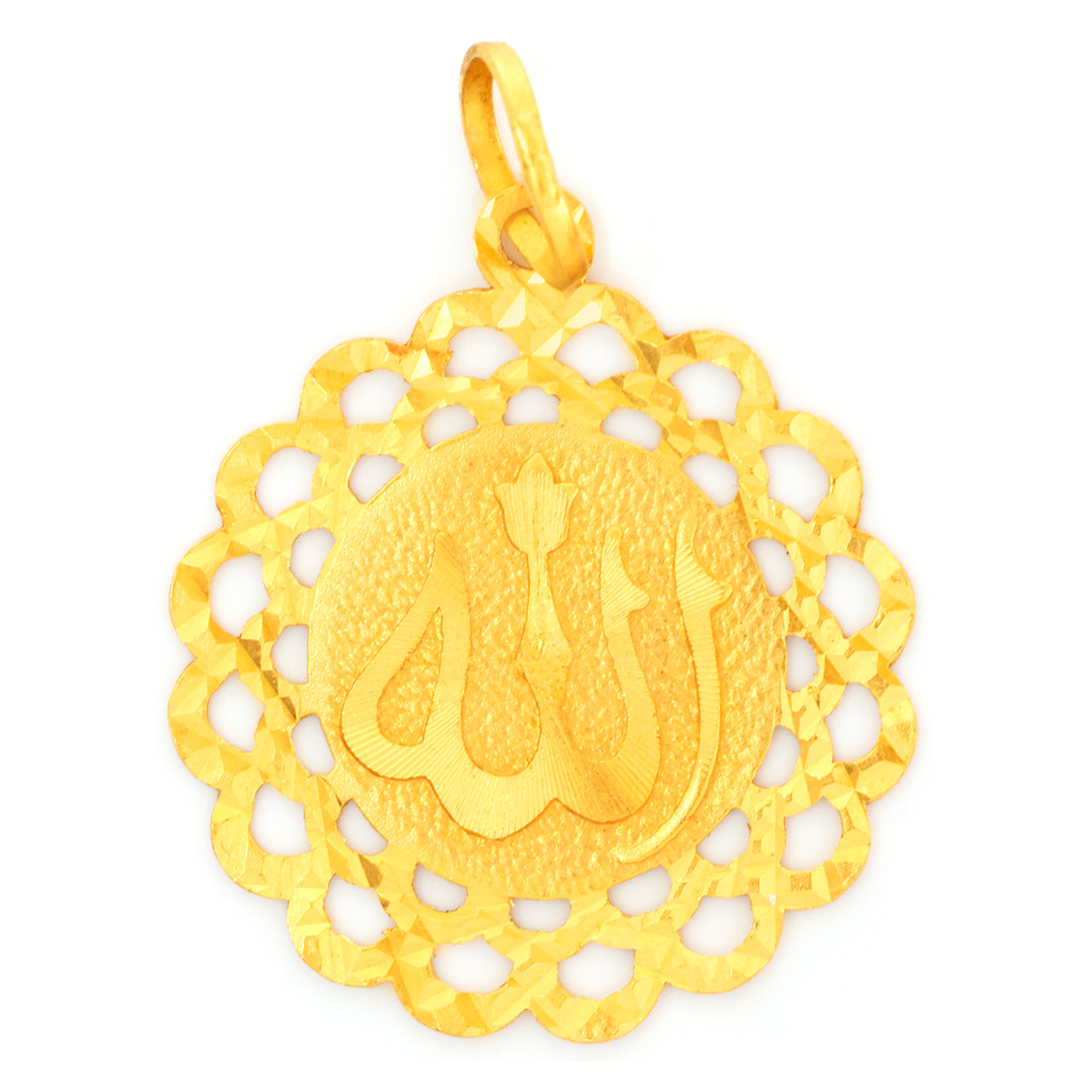 Gold pendant with intricate design on a white background