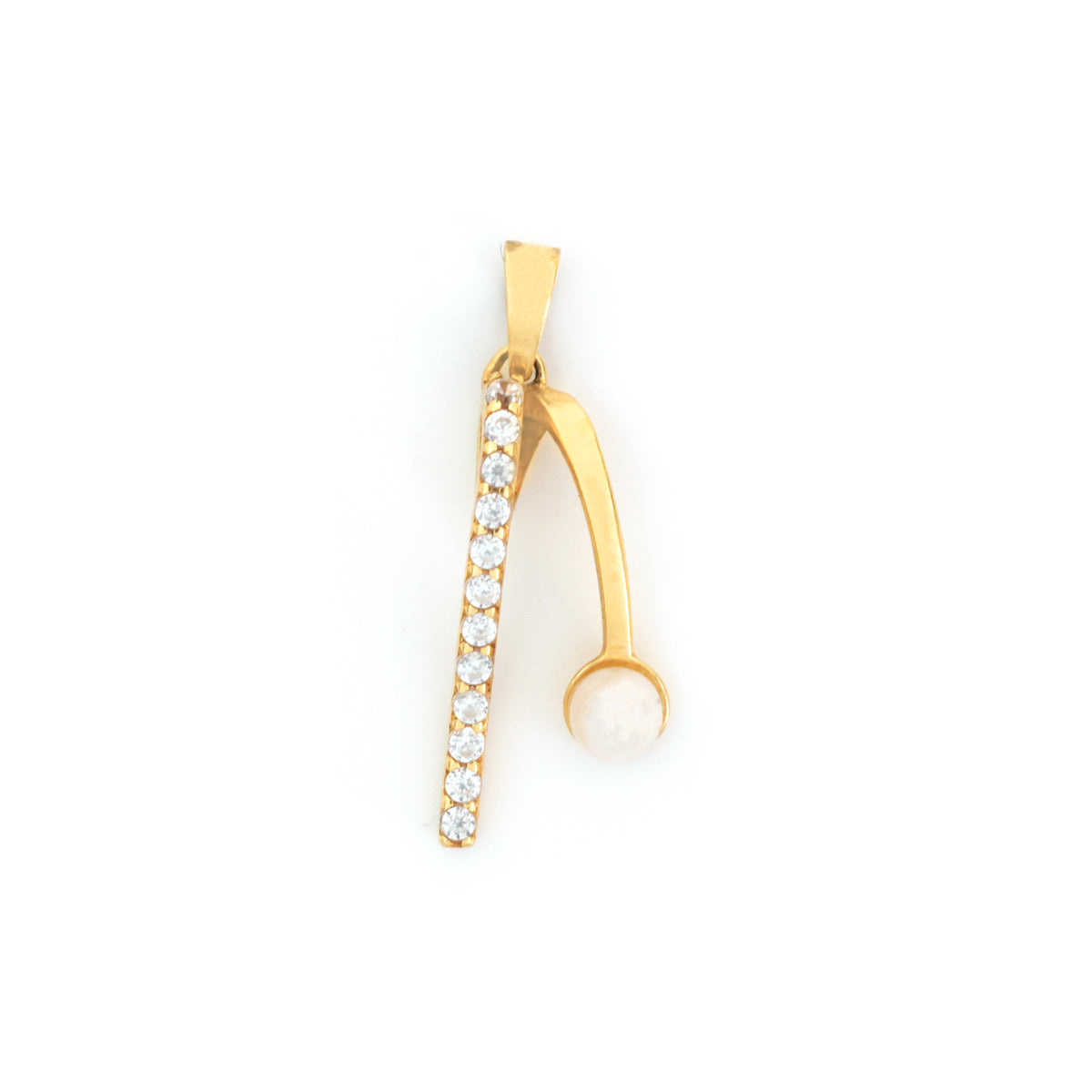 A gold pendant featuring a vertical bar set with clear round stones and a curved section ending in a white pearl, shown on a plain white background.