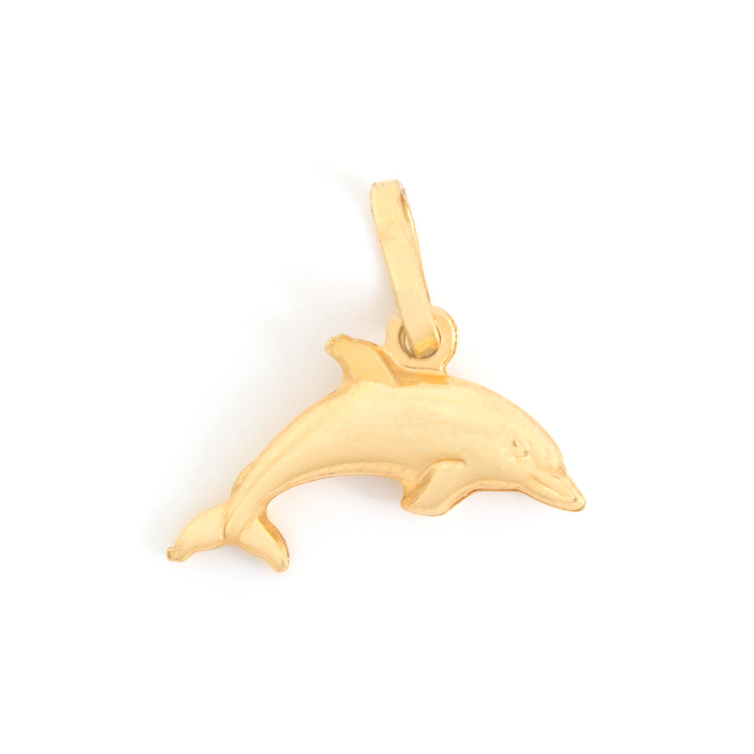 A polished yellow gold dolphin pendant charm on a clean white background.