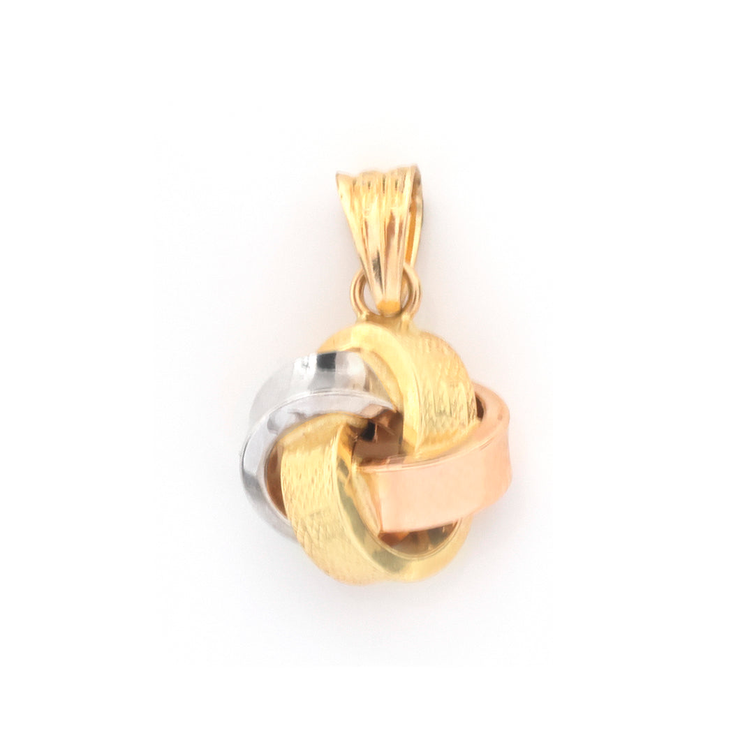 A three-tone metal knot pendant featuring interwoven yellow gold, silver, and rose gold bands, shown on a plain white background.