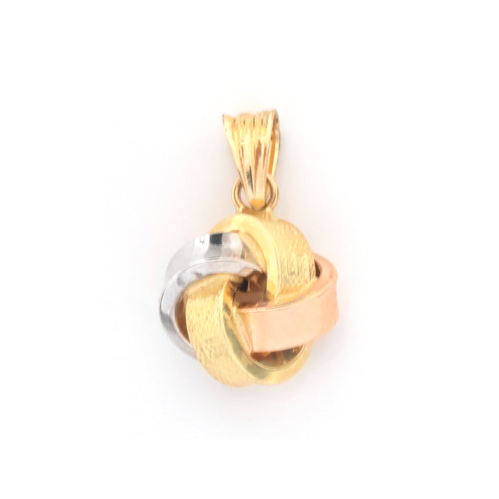 A three-tone metal knot pendant featuring interwoven yellow gold, silver, and rose gold bands, shown on a plain white background.