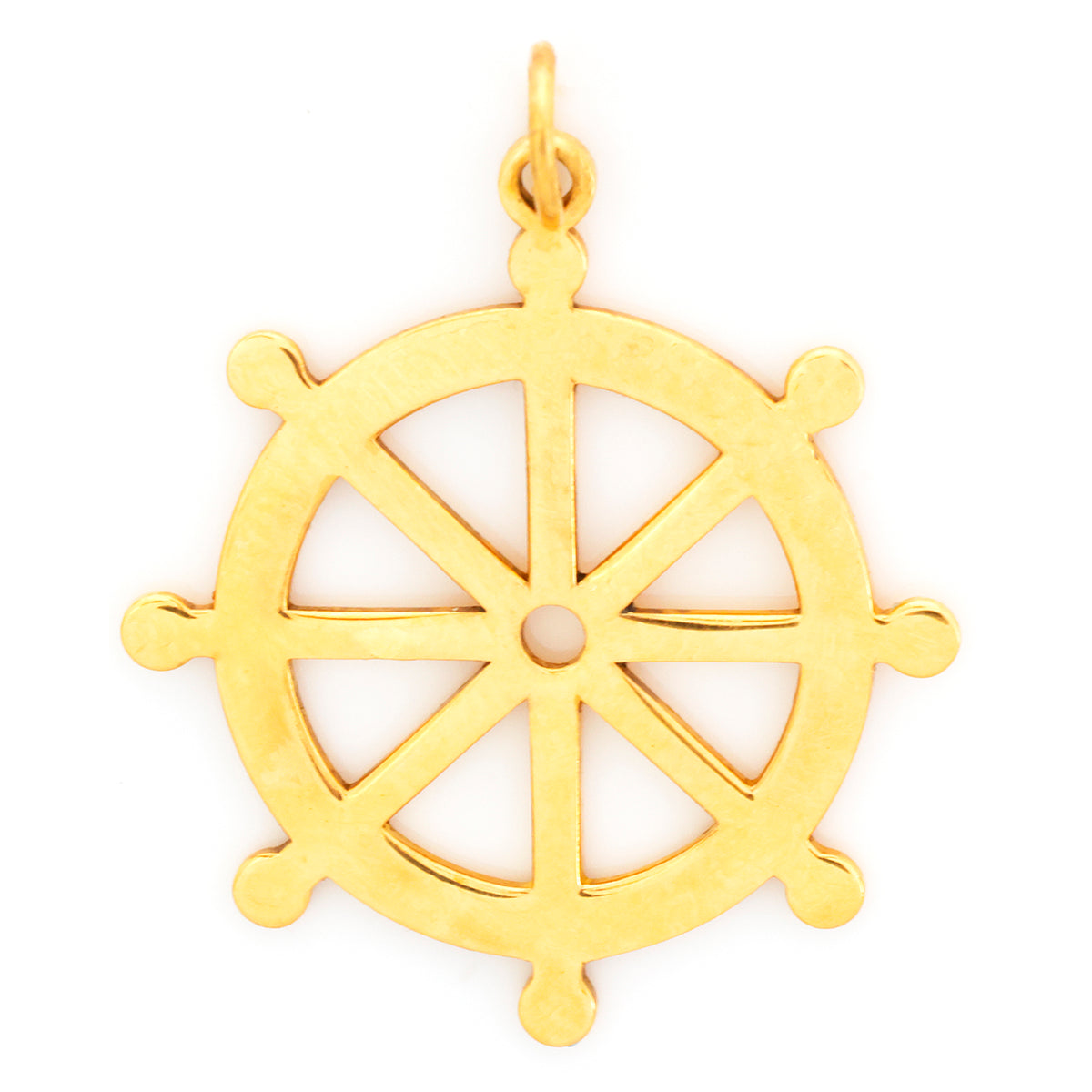 Gold wheel-shaped pendant on a white background