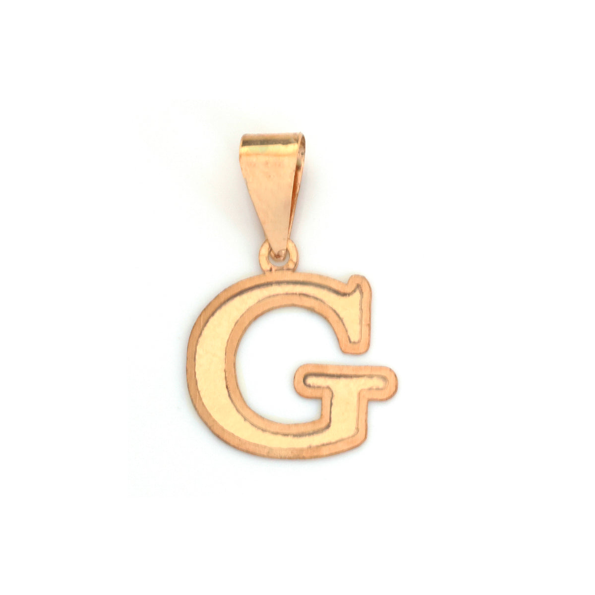 A polished rose gold letter 'G' pendant with a smooth, flat finish and a matching bail at the top, shown on a plain white background.