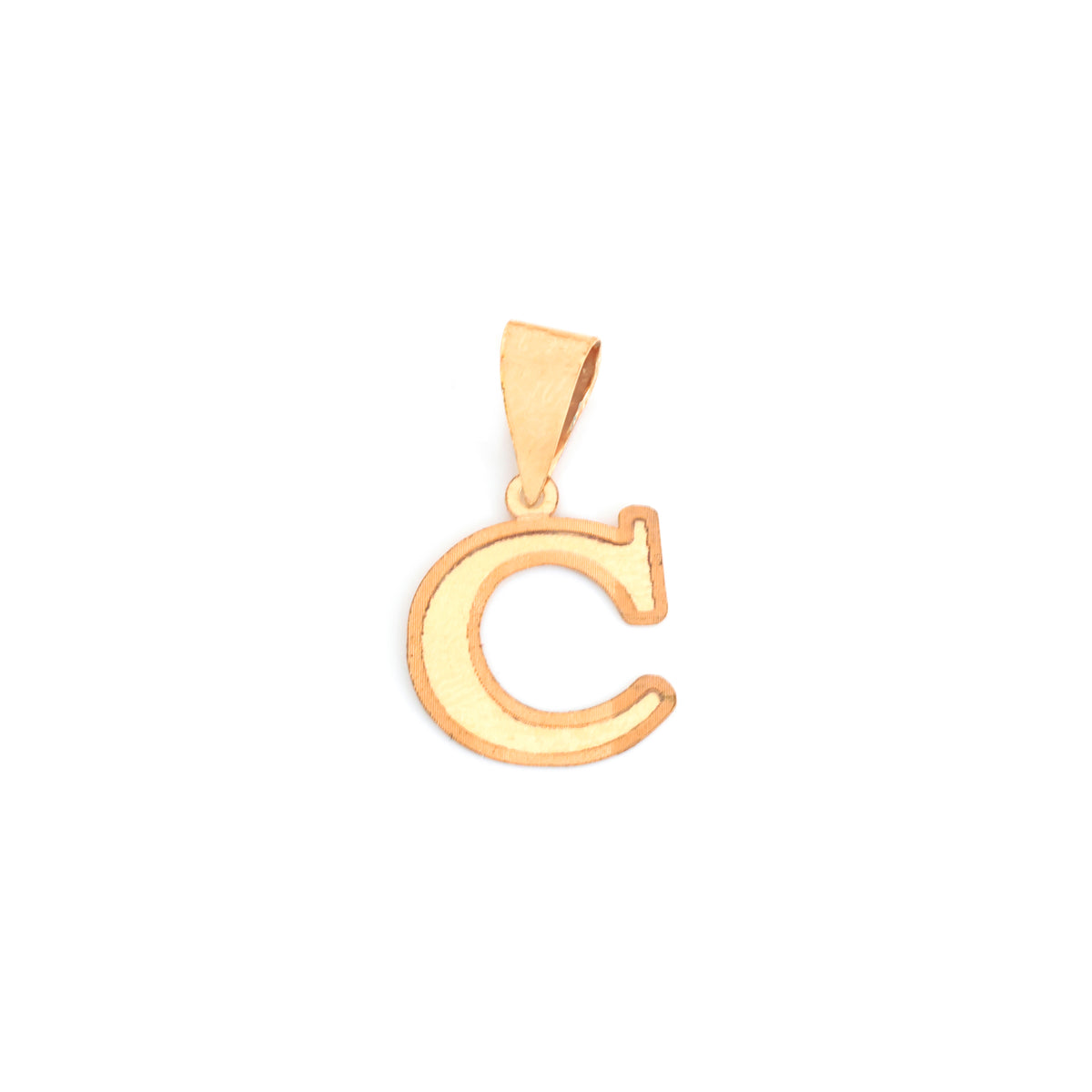 A gold initial pendant shaped like the letter 'C' with a polished finish and a bail at the top, shown on a plain white background.