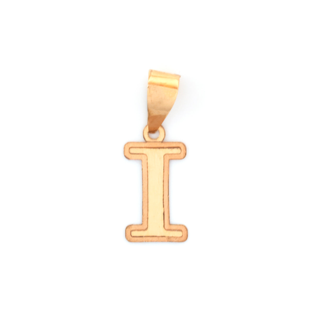 A gold initial pendant shaped like the letter 'I', shown on a plain white background.