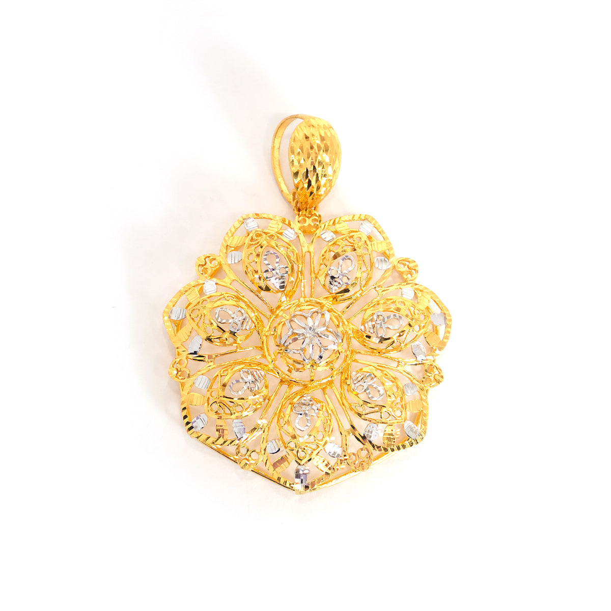 22K Gold Pendants – Openwork Rosette Pendant with White Accents and Filigree Detail – Main View