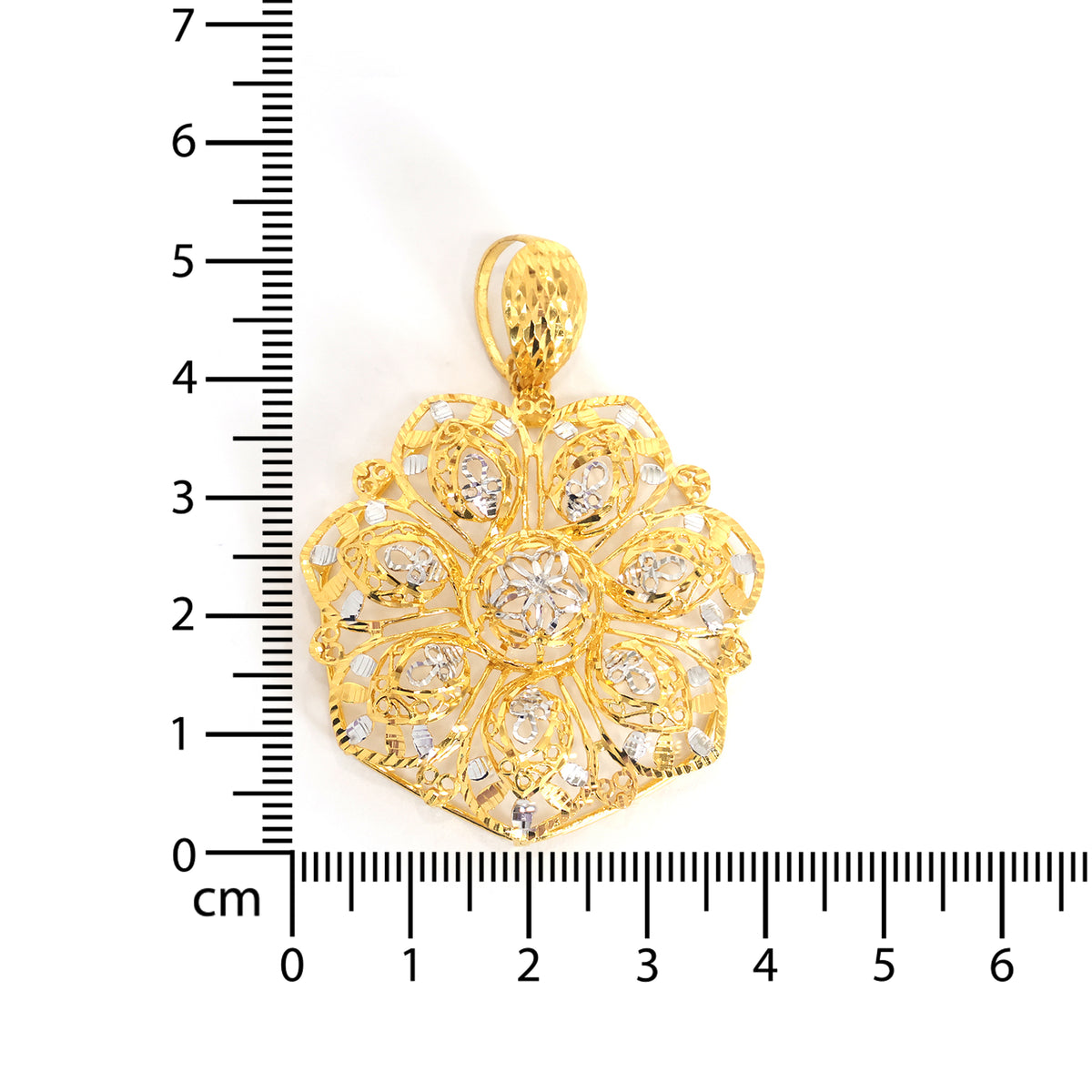 22K Gold Pendants – Openwork Rosette Pendant with White Accents and Filigree Detail – Size Reference