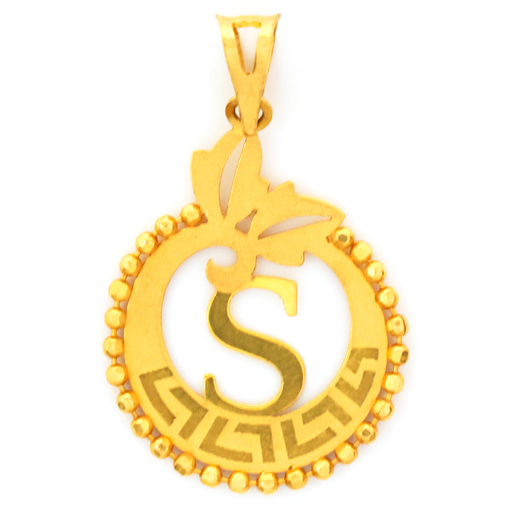 Gold pendant with a letter 'S' design on a white background
