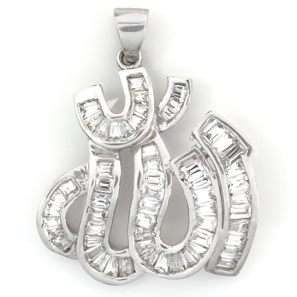 A silver-tone pendant featuring the Arabic calligraphy for 'Allah', embellished with clear baguette and round-cut stones, shown on a plain white background.