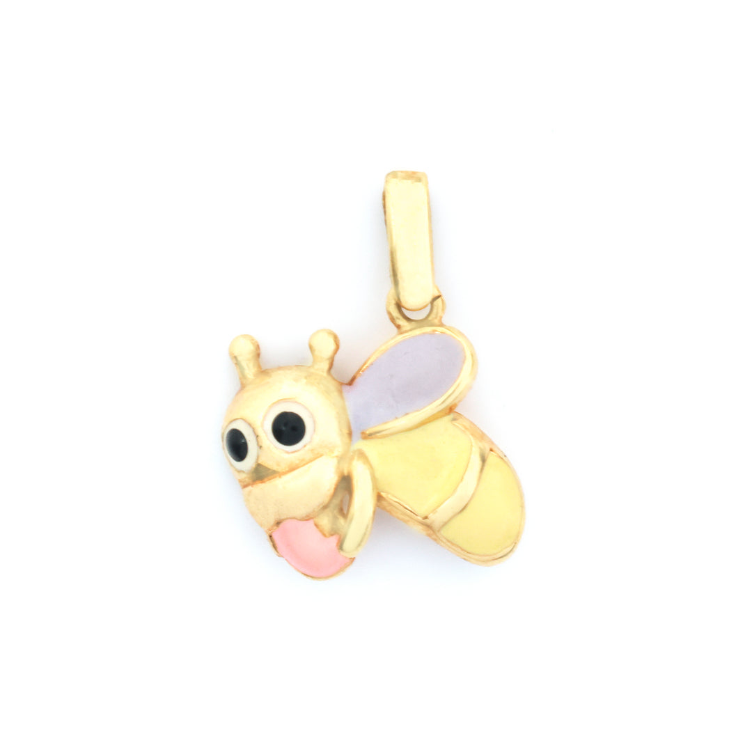 A gold bee pendant charm with black eyes, a pink tongue, and light purple wings, shown on a plain white background.