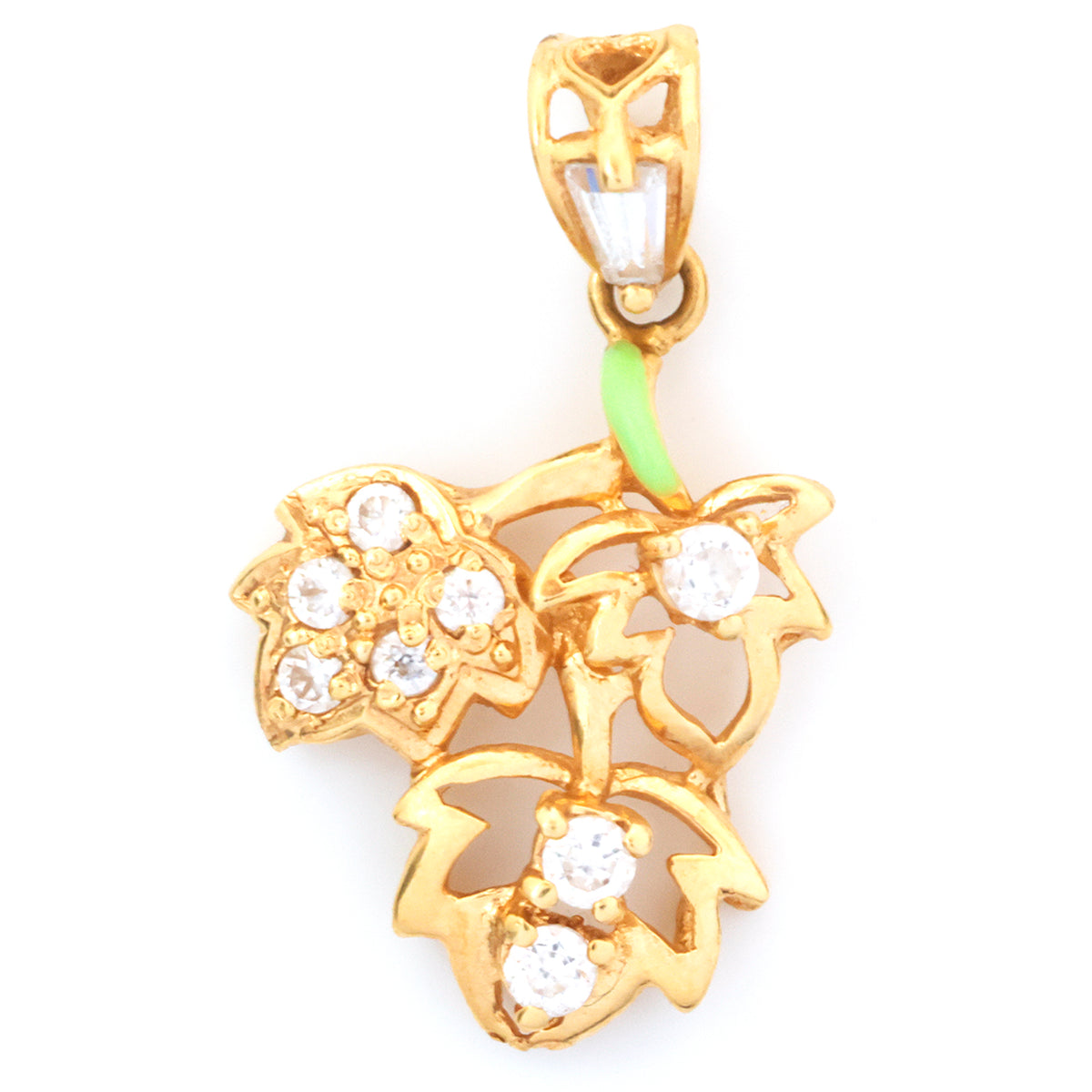 A gold pendant featuring three grapevine leaves adorned with clear round and baguette-cut gemstones, with a small green enamel accent on a white background.