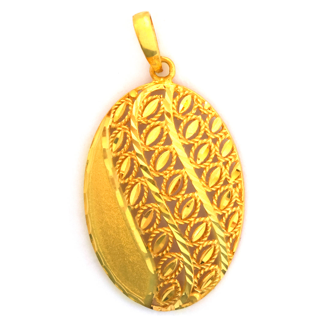 Gold leaf-shaped pendant on a white background