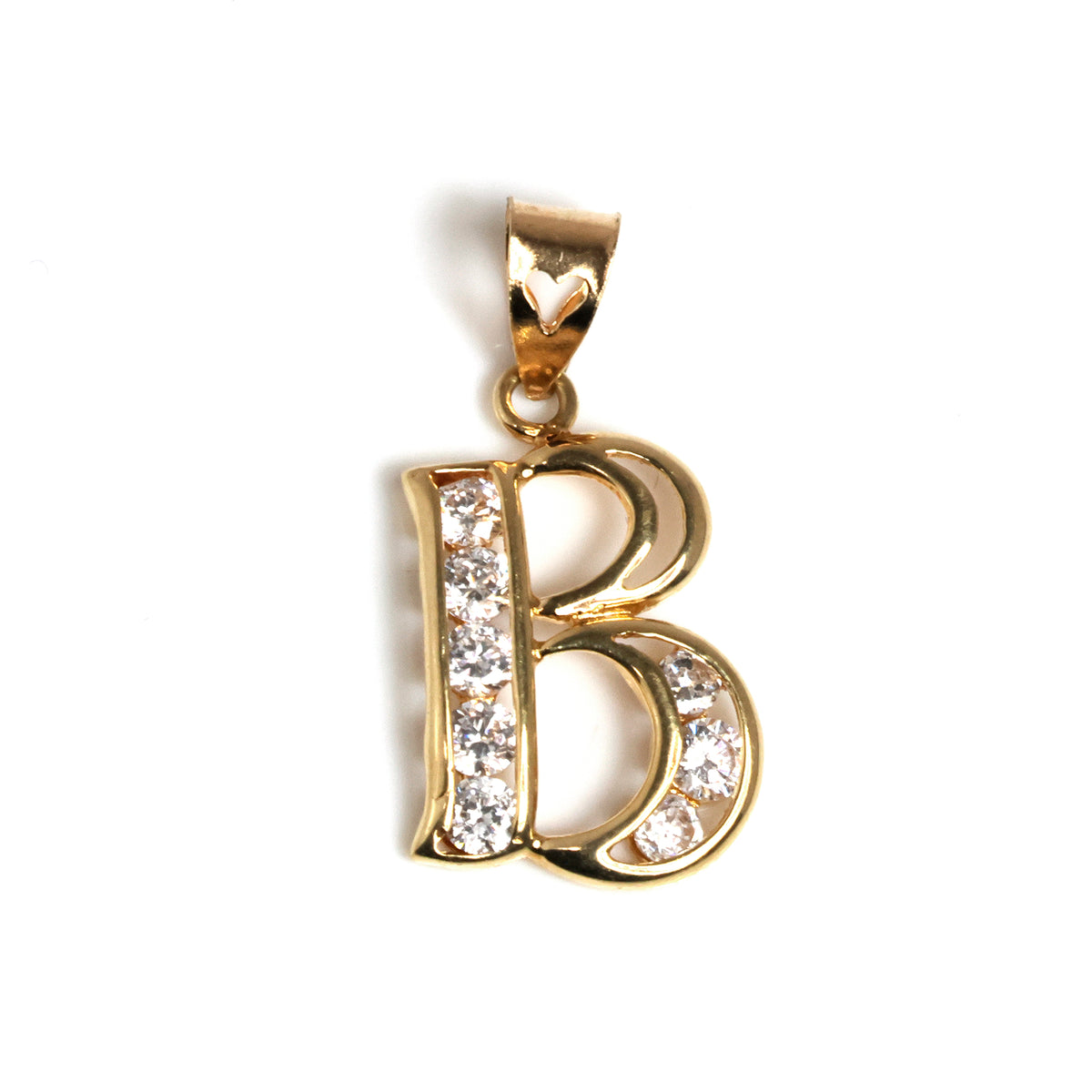 Gold pendant with letter 'B' design on a white background