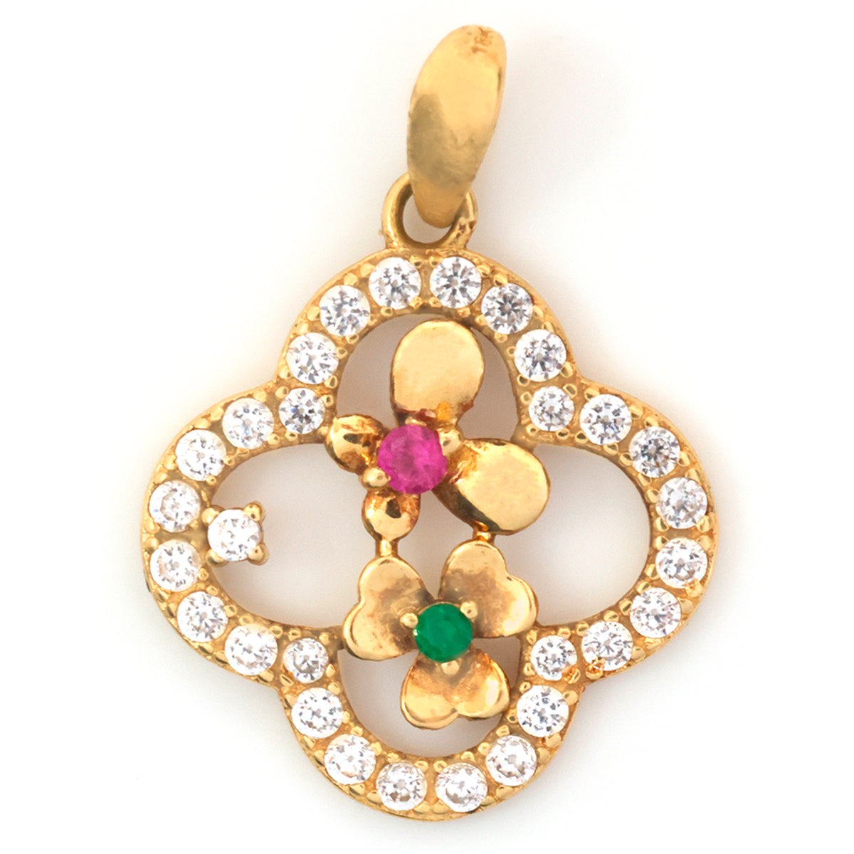 A gold pendant featuring a quatrefoil border paved with clear cubic zirconia stones, with two small gold flowers in the center—one accented with a pink gemstone and the other with a green gemstone.