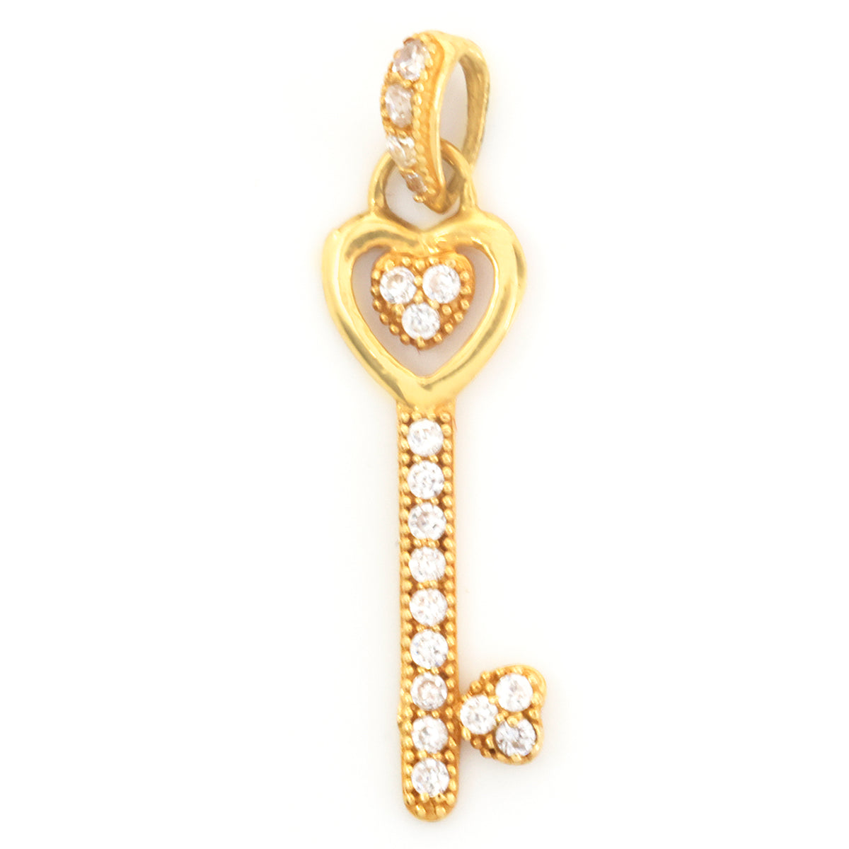 A gold key-shaped pendant charm adorned with clear round-cut gemstones, set against a plain white background.