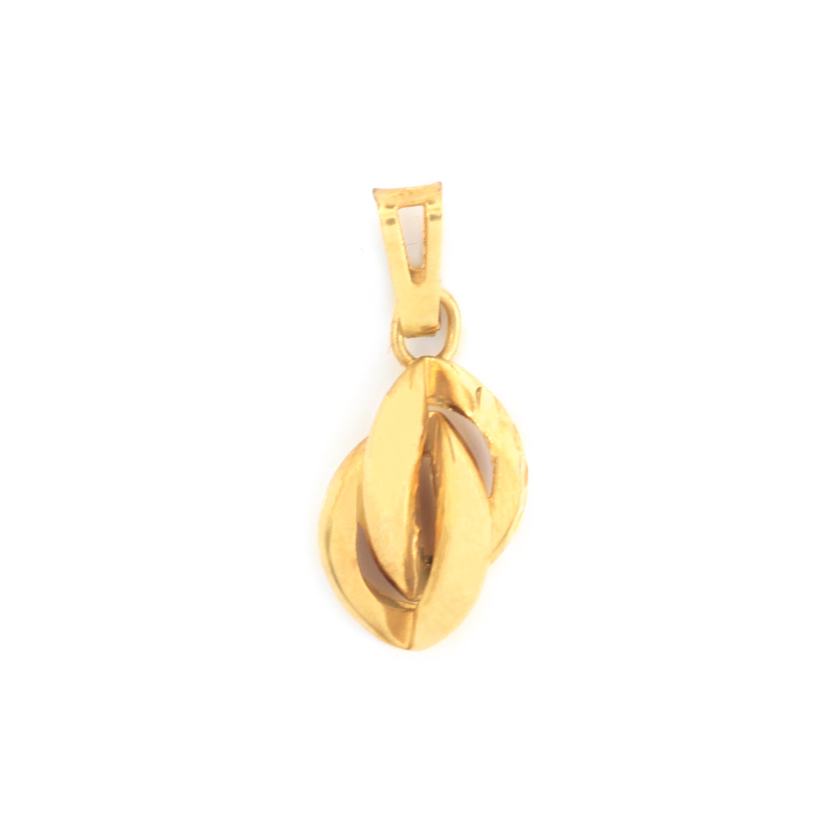 A gold pendant with a textured, overlapping leaf or abstract organic design, shown on a plain white background.