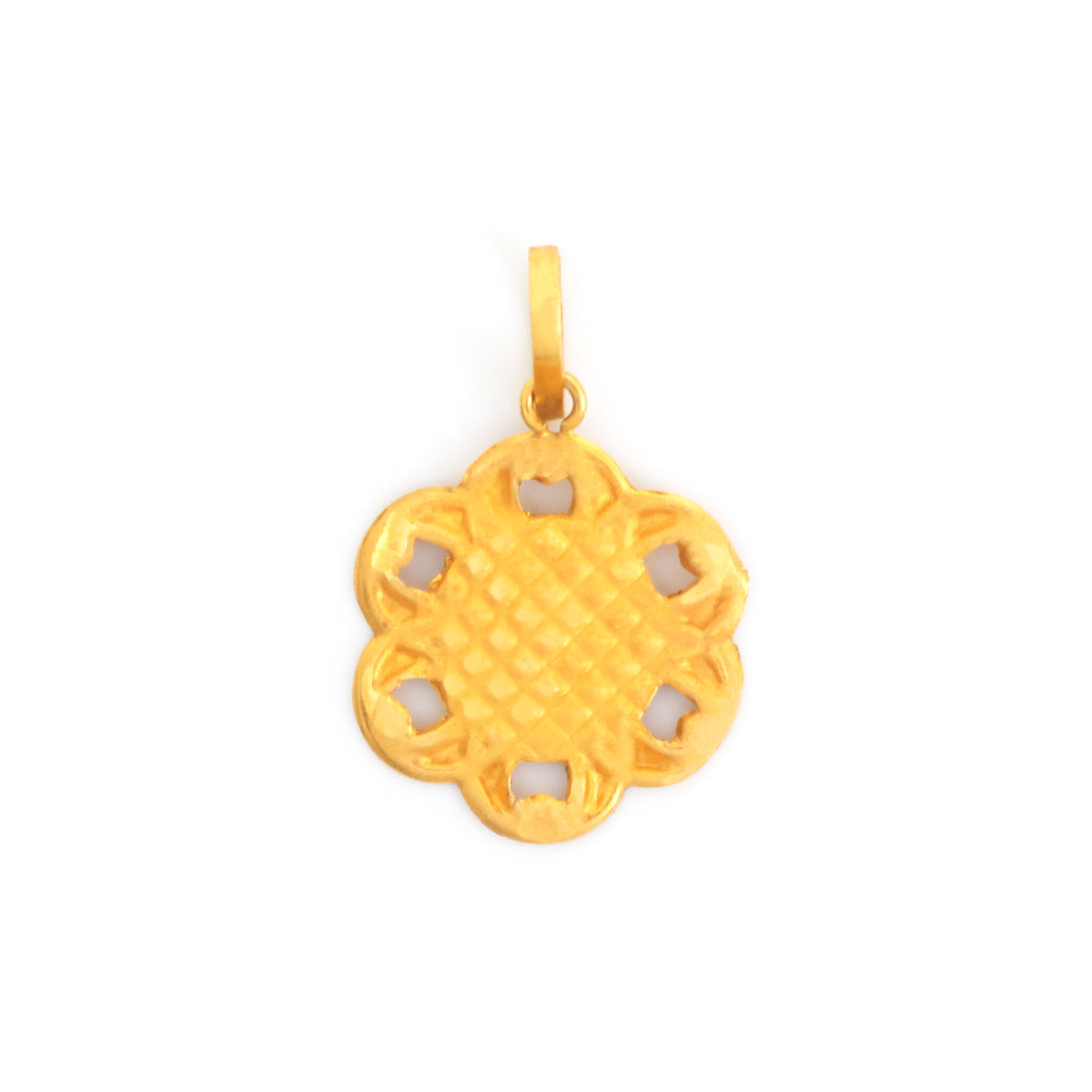 A gold pendant with a textured, diamond-patterned center and six small cutout sections around the border, suspended from a matching gold bail, shown on a plain white background.