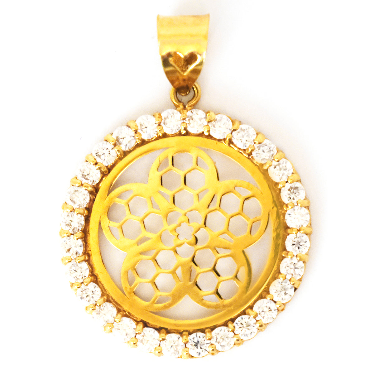 Gold pendant with intricate design and clear stones on a white background