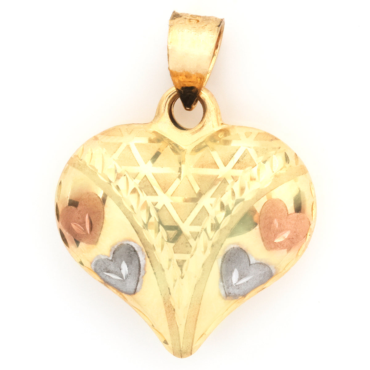 A heart-shaped pendant made of yellow gold with a diamond-cut pattern, featuring small inset hearts in rose gold, silver, and yellow gold, shown on a plain white background.