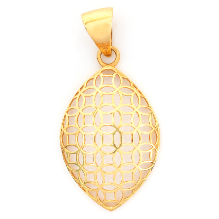 A gold teardrop-shaped pendant with an intricate openwork geometric filigree pattern, shown on a plain white background.