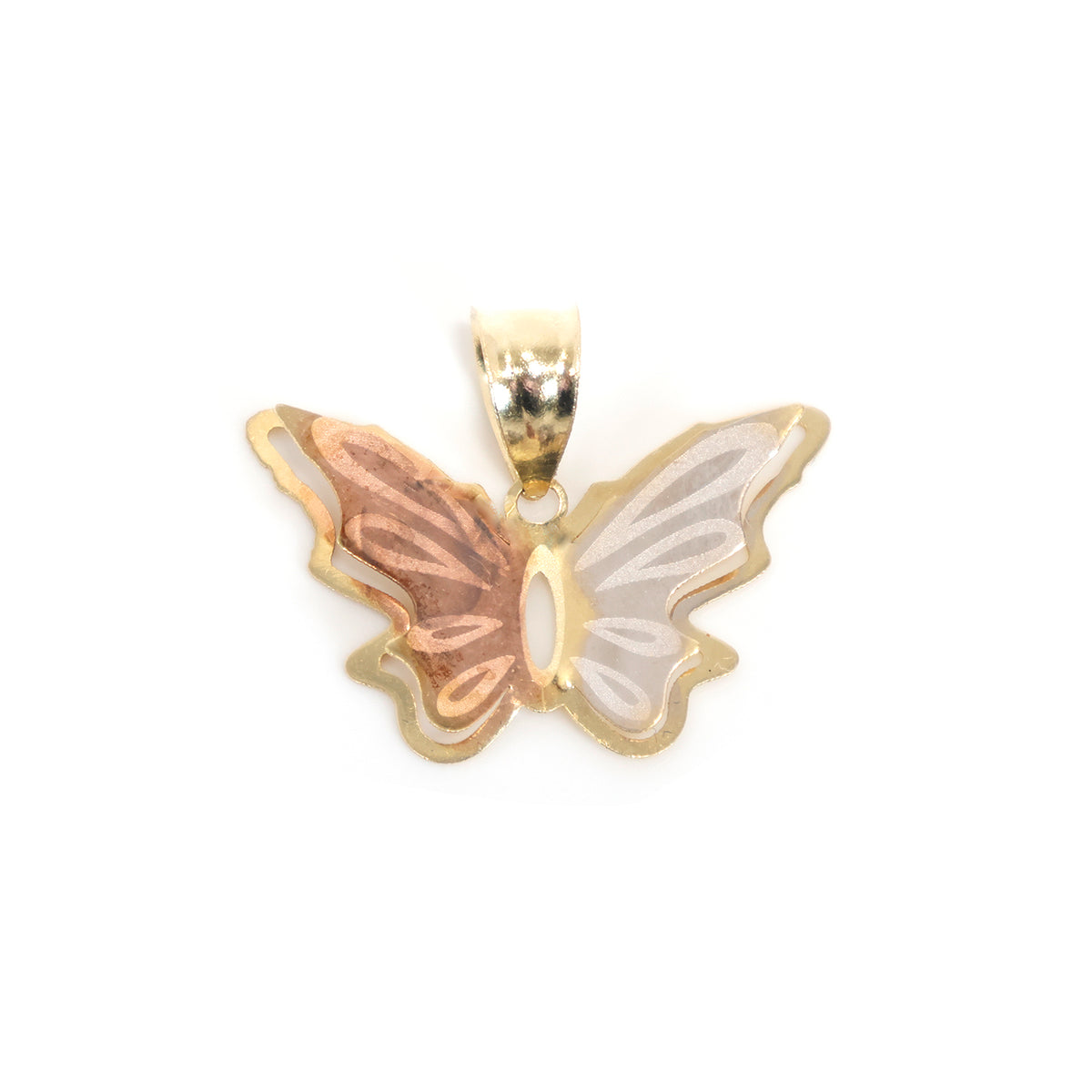 18K Gold Pendant – butterfly motif with contrasting matte wing panels  – Main View