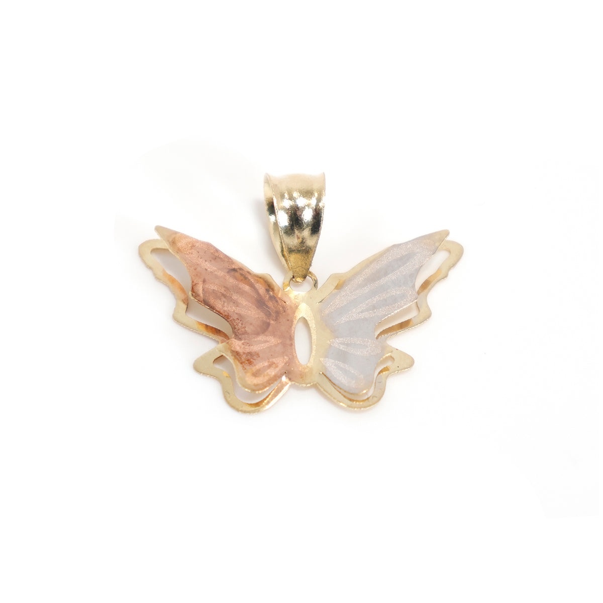 18K Gold Pendant – butterfly motif with contrasting matte wing panels  – Close View