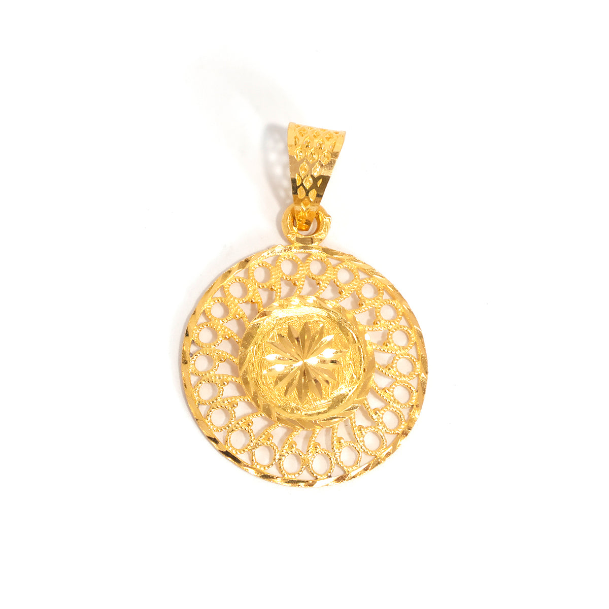 22K Round Gold Pendant - Filigree Design - Zero Making Charge - Main View
