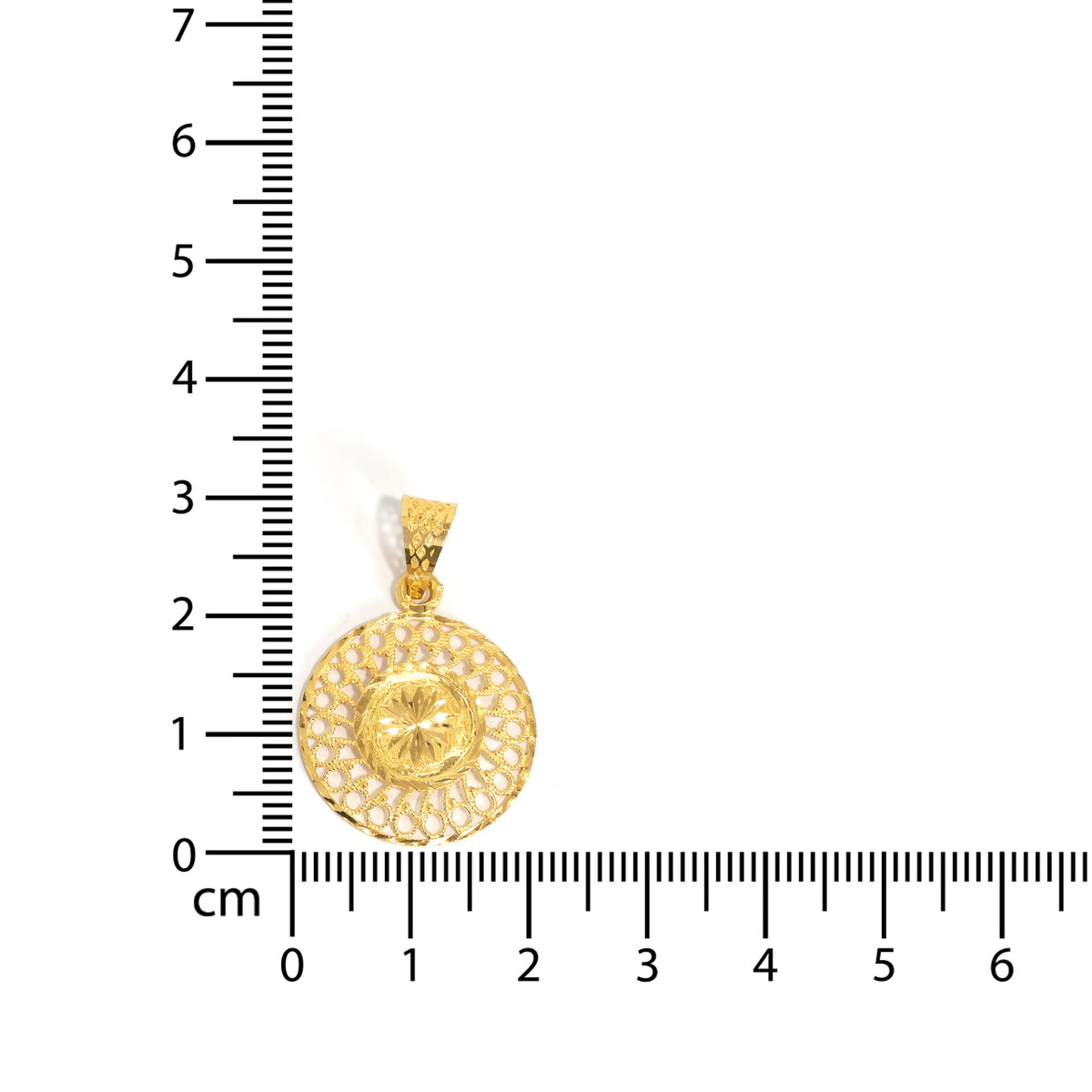 22K Round Gold Pendant - Filigree Design - Zero Making Charge - Size Reference