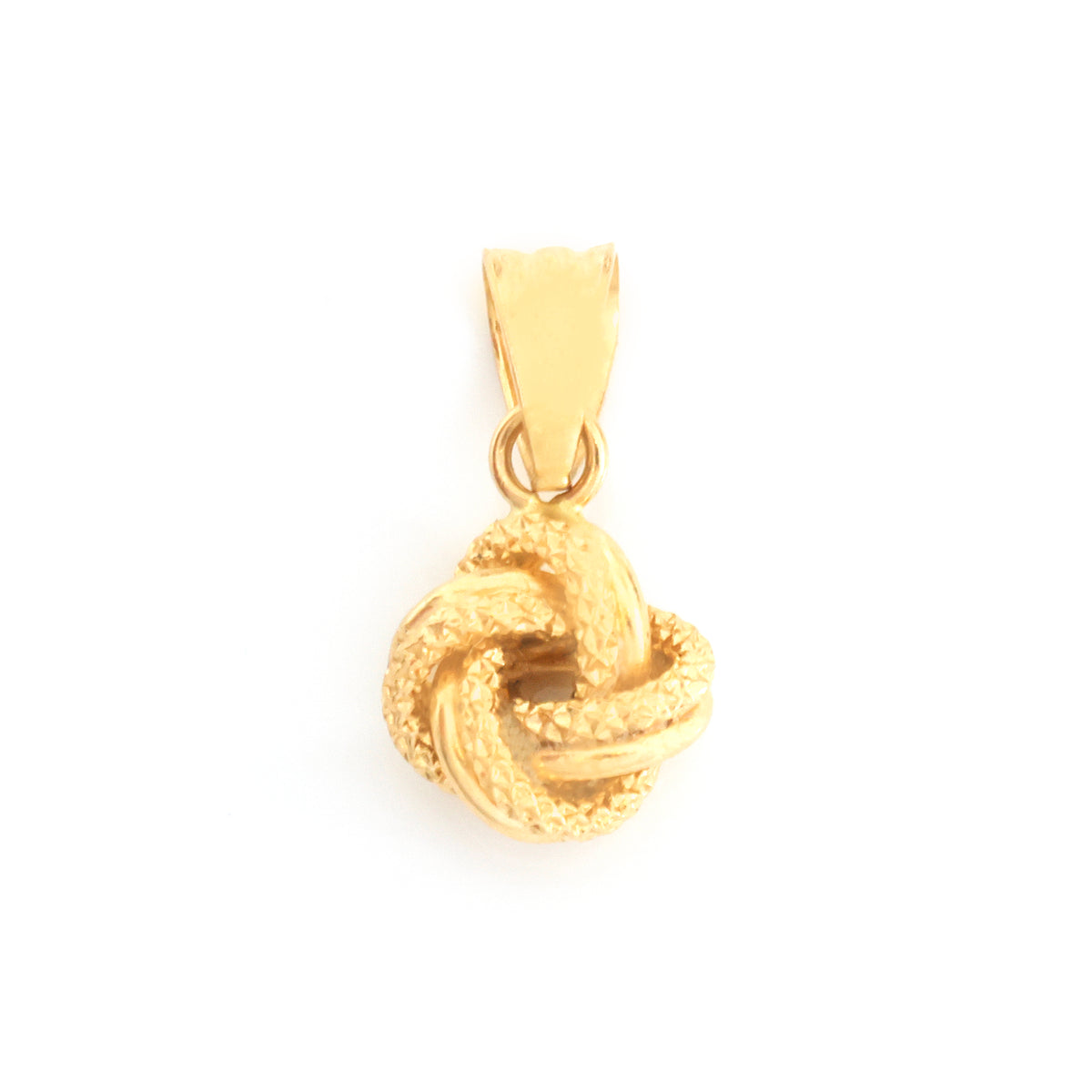 A gold pendant featuring a textured, interlaced knot design, suspended from a polished bail, shown against a plain white background.