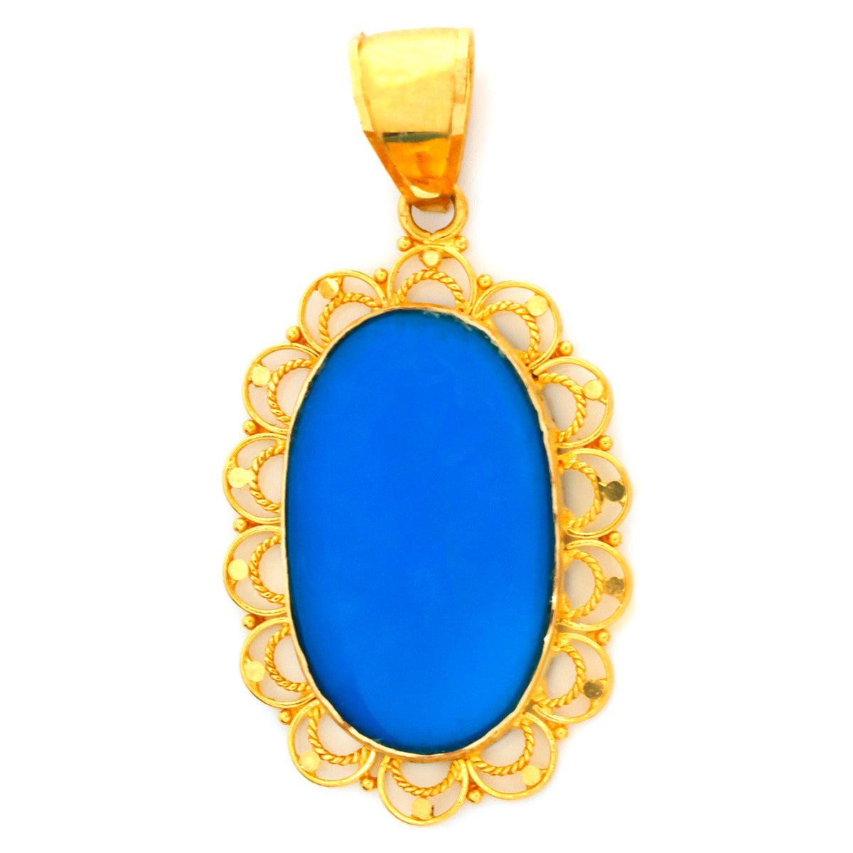 Gold pendant with a blue stone on a white background