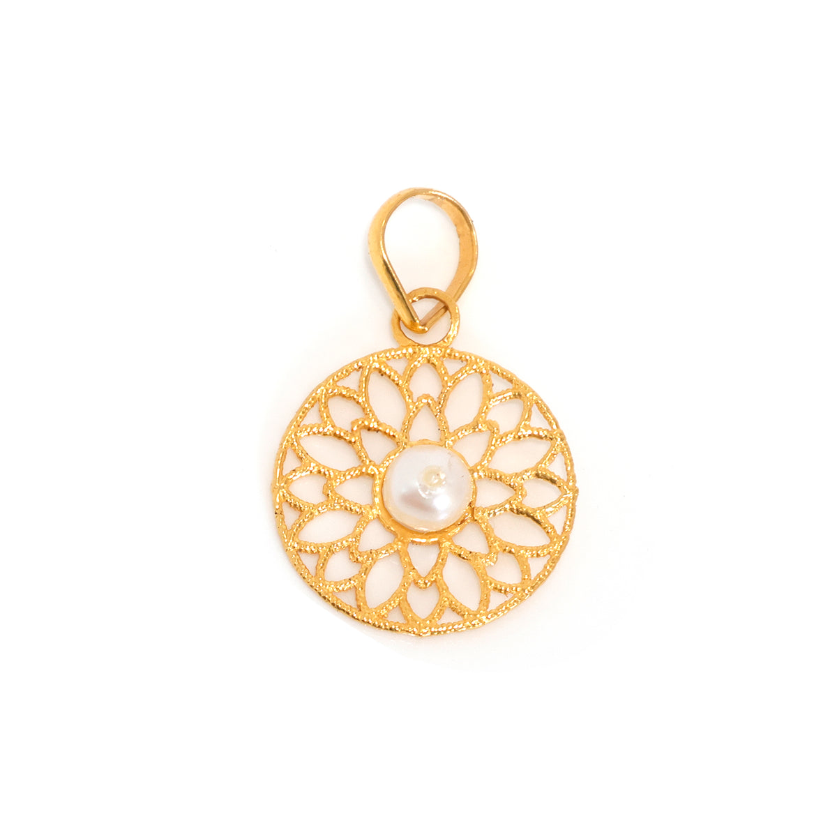 21K Gold Floral Pendant with Pearl - Elegant Filigree Design - Main View