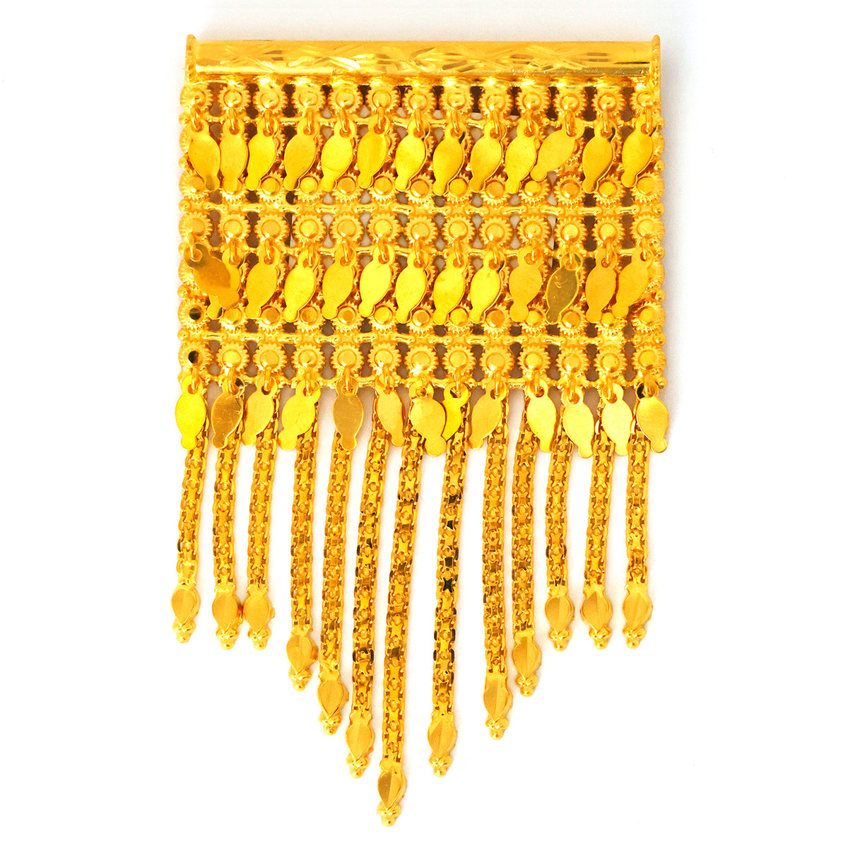 Gold fringe decorative item on a white background
