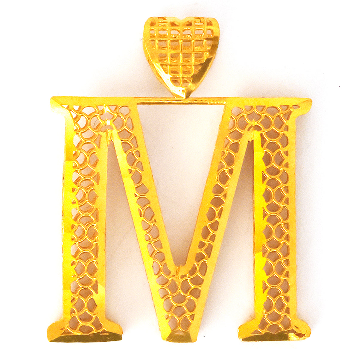 Gold letter 'M' with intricate design on a white background