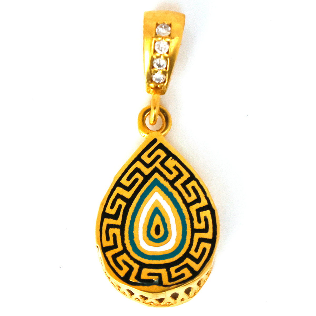 Gold pendant with intricate design on a white background