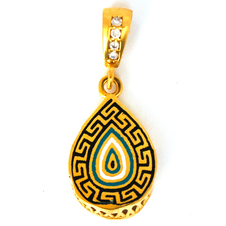 Gold pendant with intricate design on a white background